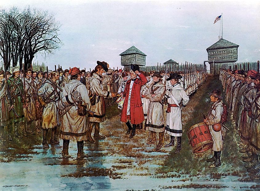 Lieutenant Governor Henry Hamilton surrenders to Colonel George Rogers Clark, February 25, 1779, painting by Hugh Charles McBarron Jr.