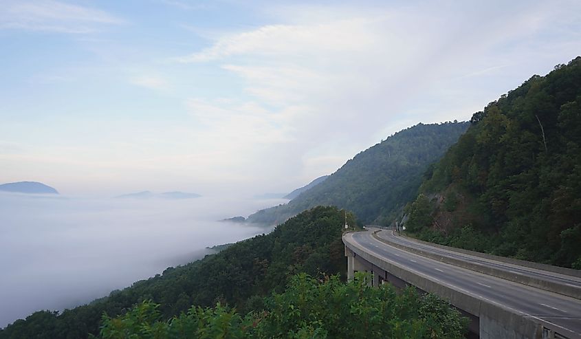 Fog hangs over the Powell Valley Overlook valley.