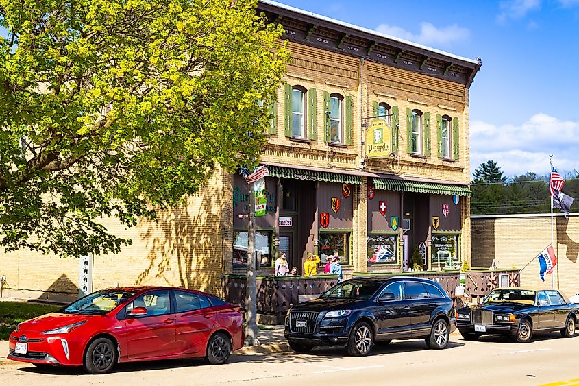 A lively street scene in New Glarus, Wisconsin