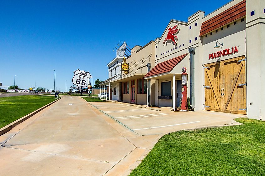 Historic Mobil gas station facade in downtown Elk City along the historic Route 66 Highway. Editorial credit: ehrlif / Shutterstock.com