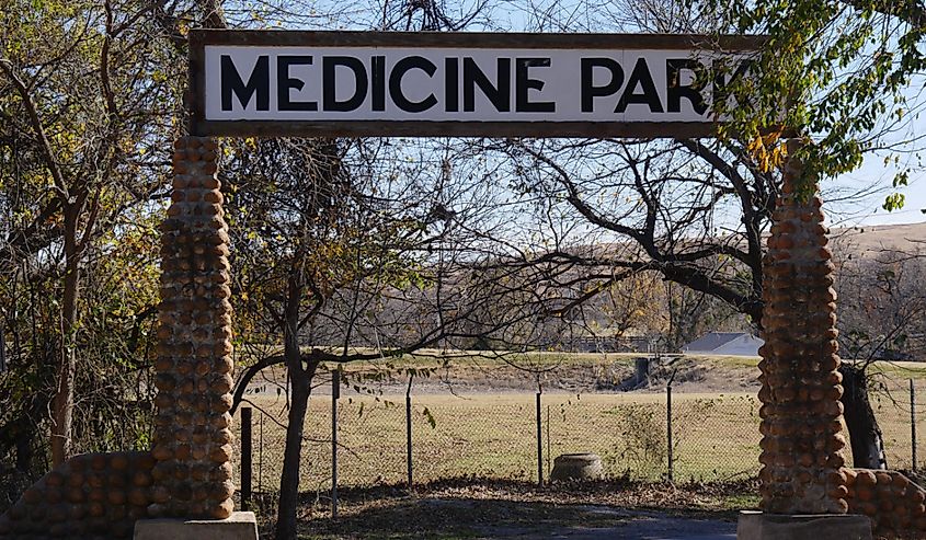 Stone gate to the Medicine Park in the Comanche County, Oklahoma.