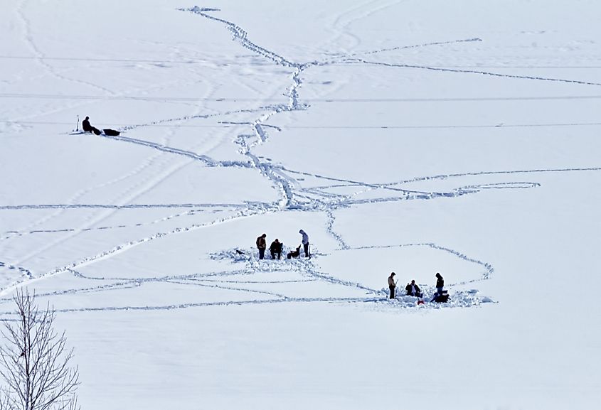 Ice fishing on Lake Patterson in Wintrop, Washington.