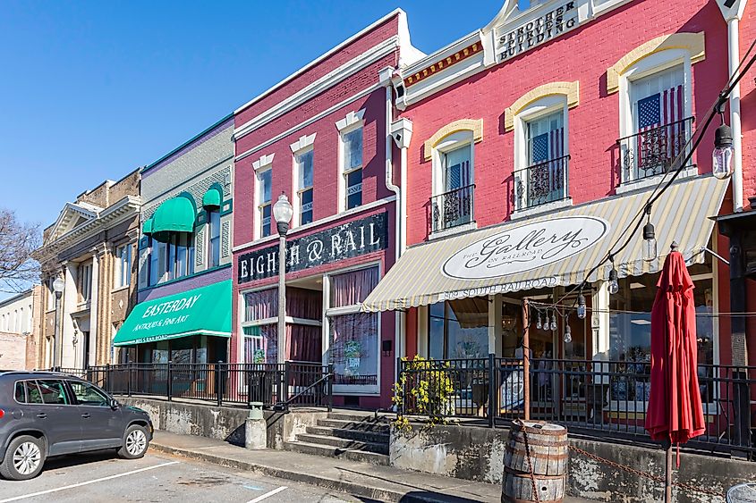 Historic buildings along Railroad Avenue in Opelika, Alabama