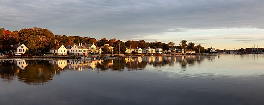 Panoramic view of residential homes along the Mystic River in Mystic, Stonington, Connecticut.