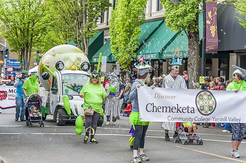 Chemeketa Community College float with bubbles participating in the parade of the annual UFO Festival in McMinnville, Oregon, USA.