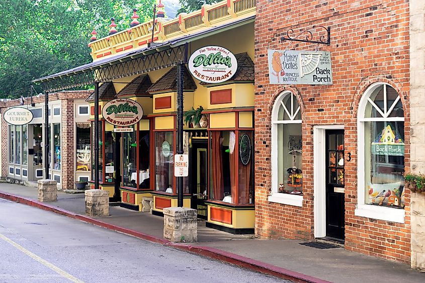 Historic downtown Eureka Springs, Arkansas, USA, with boutique shops and famous buildings.