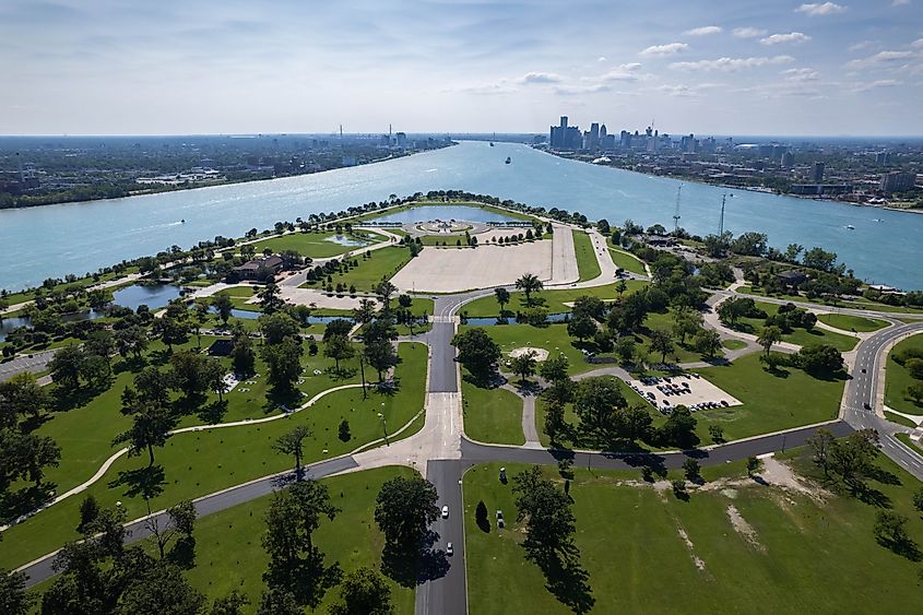 Aerial view of the Belle Isle in the Detroit River, Michigan.