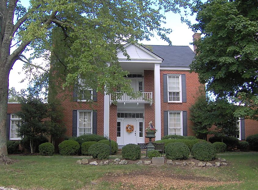 The front facade of White Plains, an antebellum plantation house near Algood, Tennessee