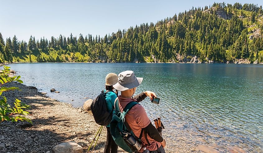 Tourists snapping shots of Summit Lake.