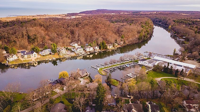 Aerial view of the Kalamazoo River in Saugatuck, Michigan.