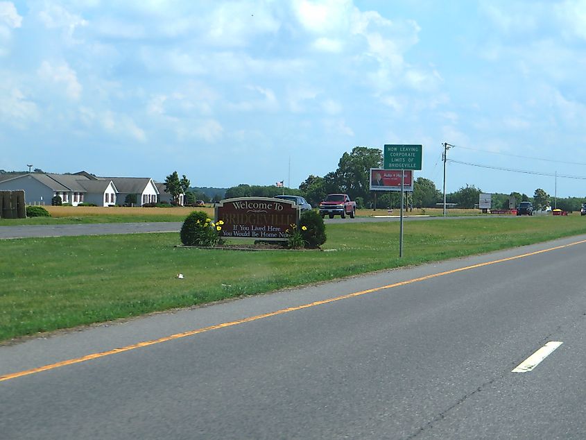 Sign welcoming visitors to Bridgeville, Delaware.