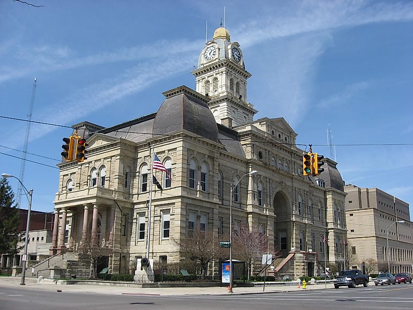 Southern and eastern sides of the Allen County Courthouse, located on Courthouse Square in downtown Lima, Ohio