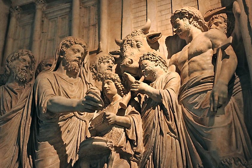 Pontifex maximus and Augustus Marcus Aurelius (r. 161-180) performing sacrifice in a relief from the Arch of Marcus Aurelius