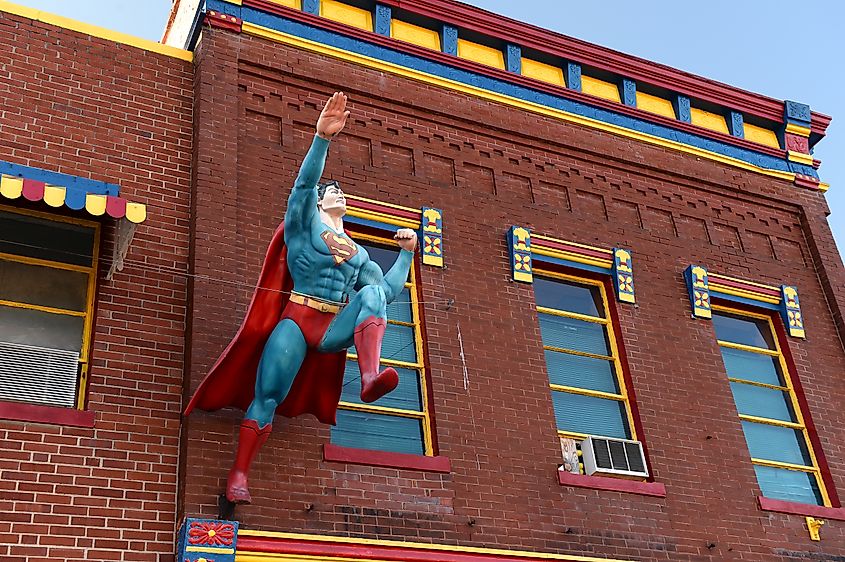 Superman statue on the wall of a building in Metropolis, Illinois.