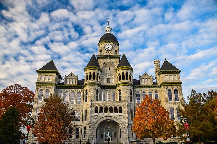 The Carthage Courthouse with fall foliage downtown in one of the best small towns in Missouri. Editorial credit: Rachael Martin / Shutterstock.com