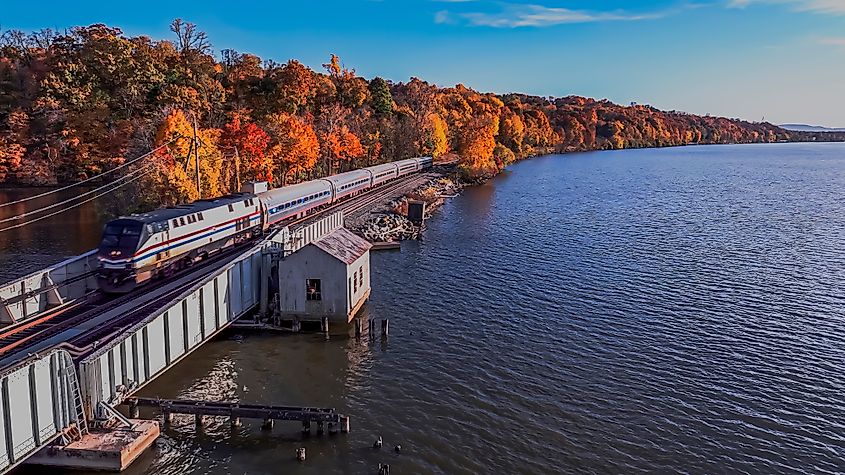 An aerial view of a drawbridge on the Hudson River in upstate, NY.