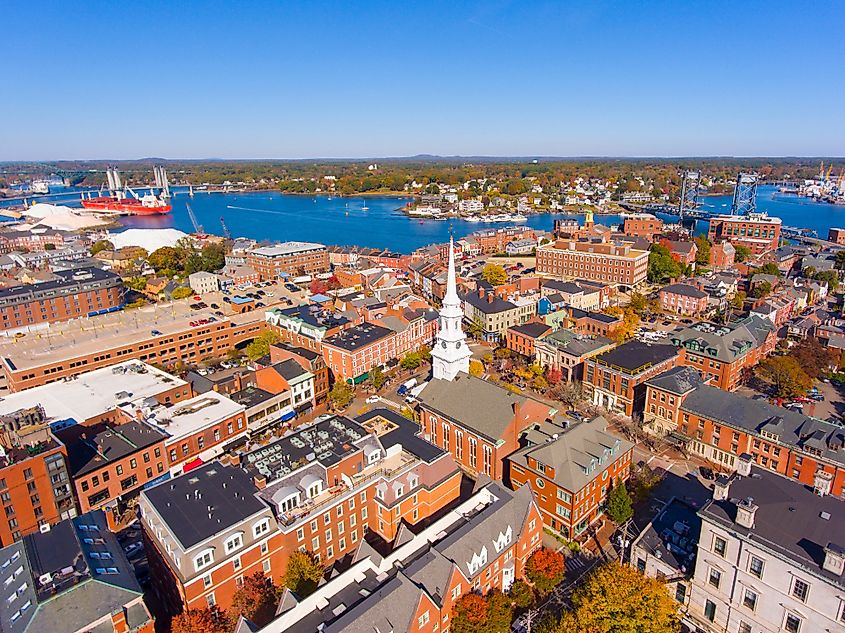 Historic buildings and North Church on Congress Street in the city of Portsmouth, New Hampshire NH, USA..