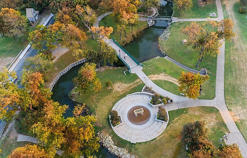 Aerial view of autumn foliage in Granbury, Texas.