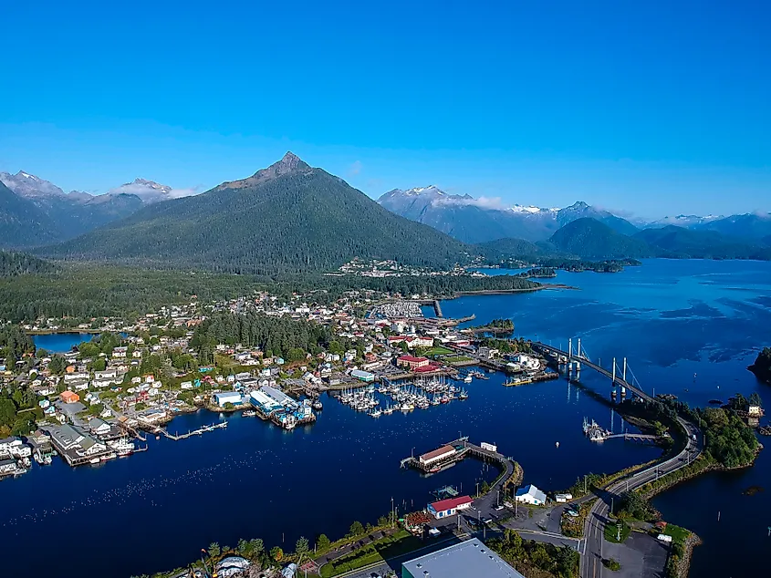  Aerial view of Sitka, Alaska, with Mount Verstovia in the background.