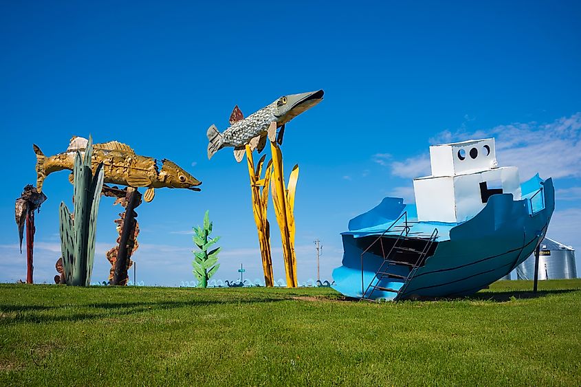 Fisherman's Dream is 1 of 8 scrap metal sculptures constructed along the 32-mile Enchanted Highway. Dickinson, North Dakota. Editorial credit: JWCohen / Shutterstock.com