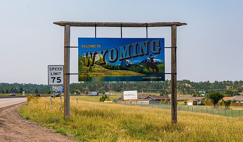 Welcome Wyoming sign along the interstate I-80 in Pine Bluffs, Wyoming.