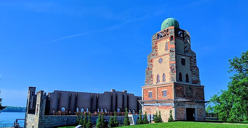 View of the Lonz Winery tower and the backside of the facade facing Lake Erie on Middle Bass Island, Ohio.