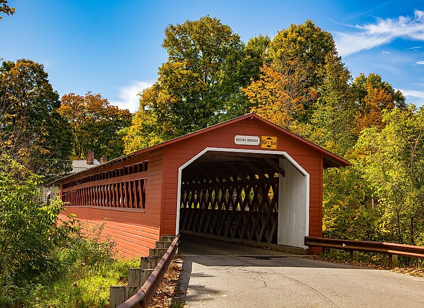 The Henry covered bridge over the Walloomsac river near Bennington, Vermont. 