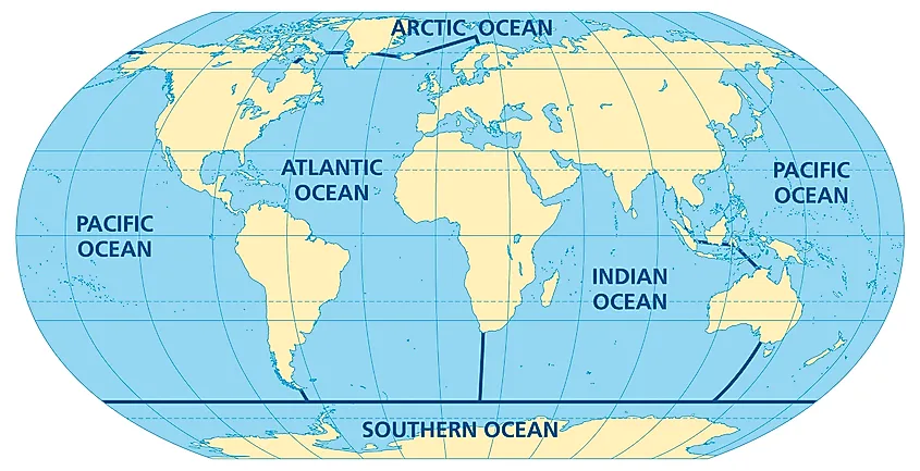 World map of the five oceans