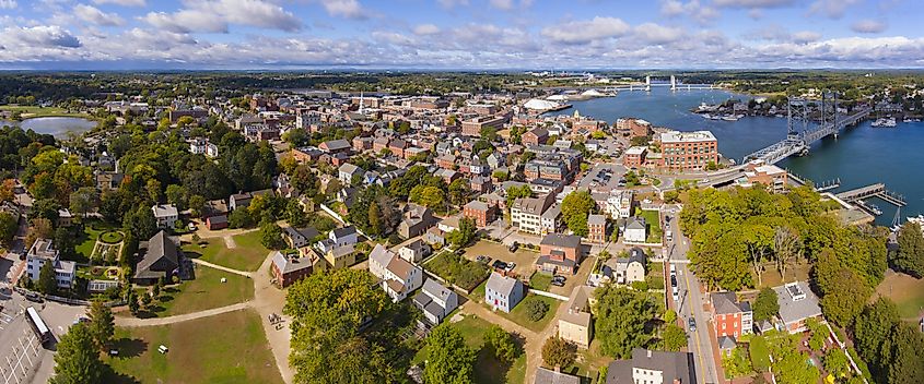 Aerial panorama of Portsmouth's historic city center and the waterfront along the Piscataqua River.