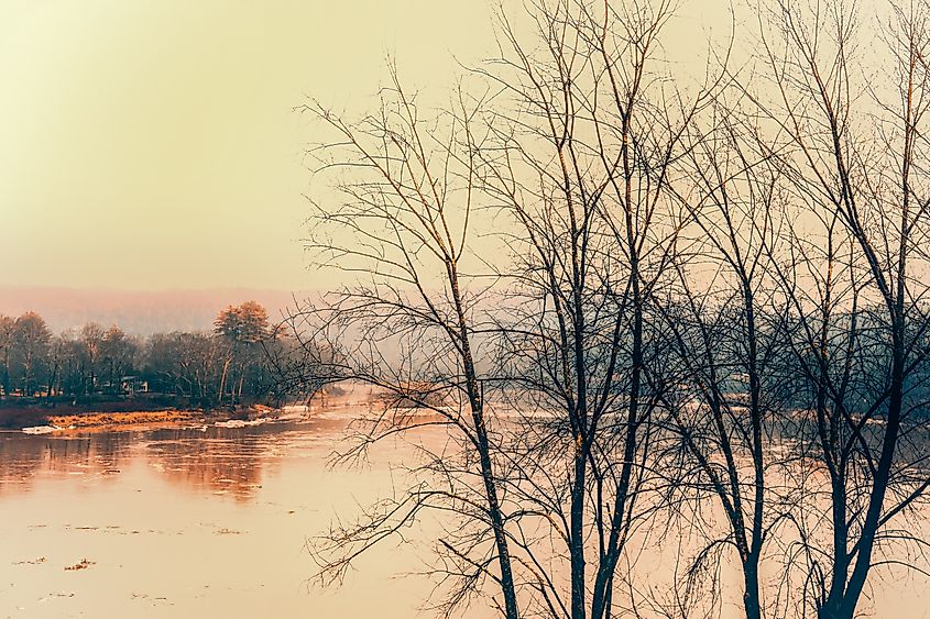 The foggy Delaware River from Narrowsburg.