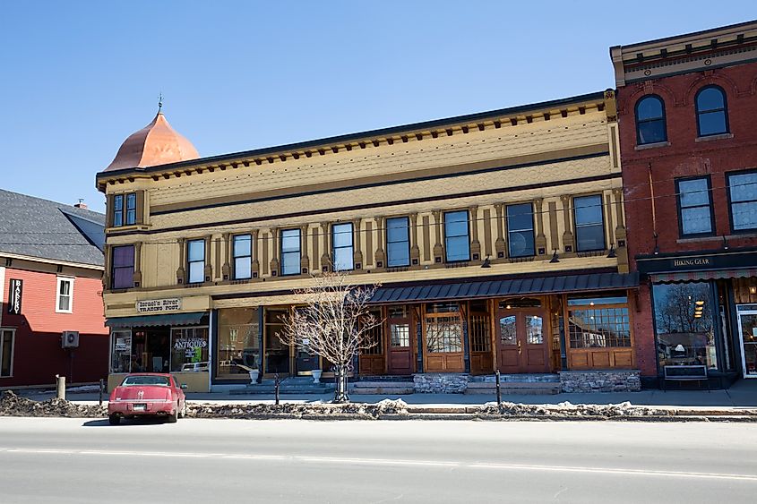 Rustic buildings along the main street in Lancaster, New Hampshire.