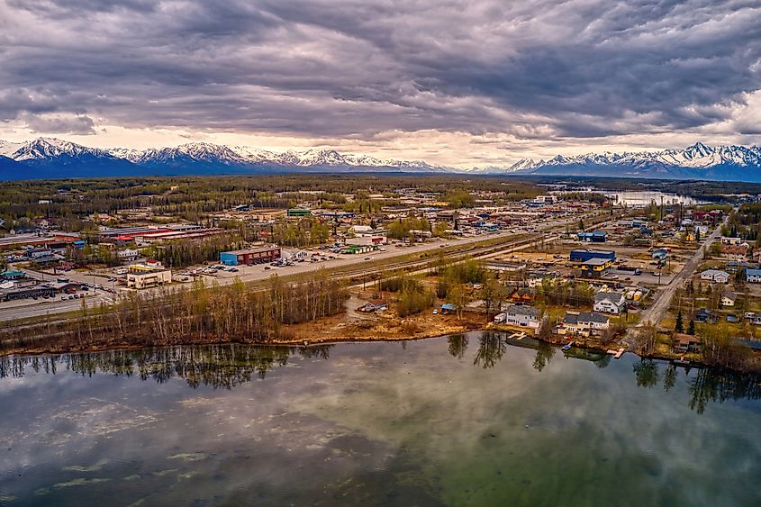 Aerial view of Wasilla, Alaska, during spring.