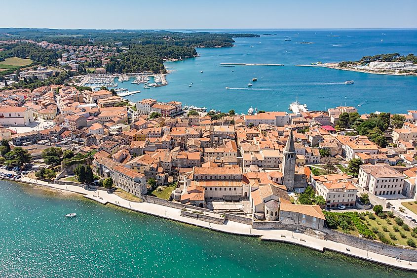 Aerial view of Poreč, Croatia, with the Adriatic Sea and turquoise coastline