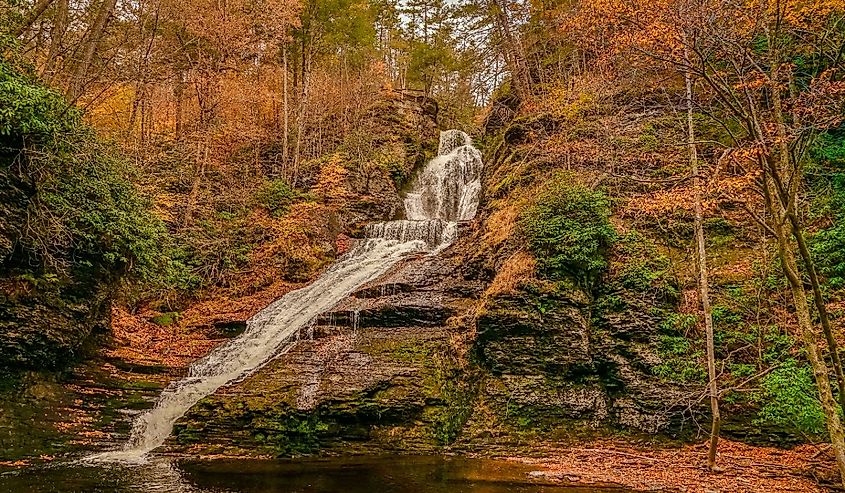 Dingmans Falls waterfall in the Poconos Mountains , Pennsylvania.