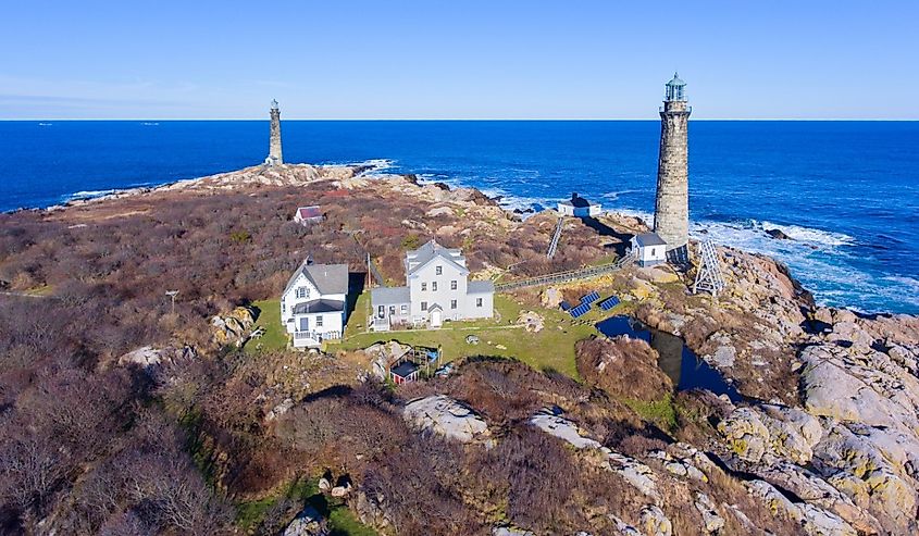 Aerial view of Thacher Island Lighthouses on Thacher Island, Rockport, Cape Ann, Massachusetts.