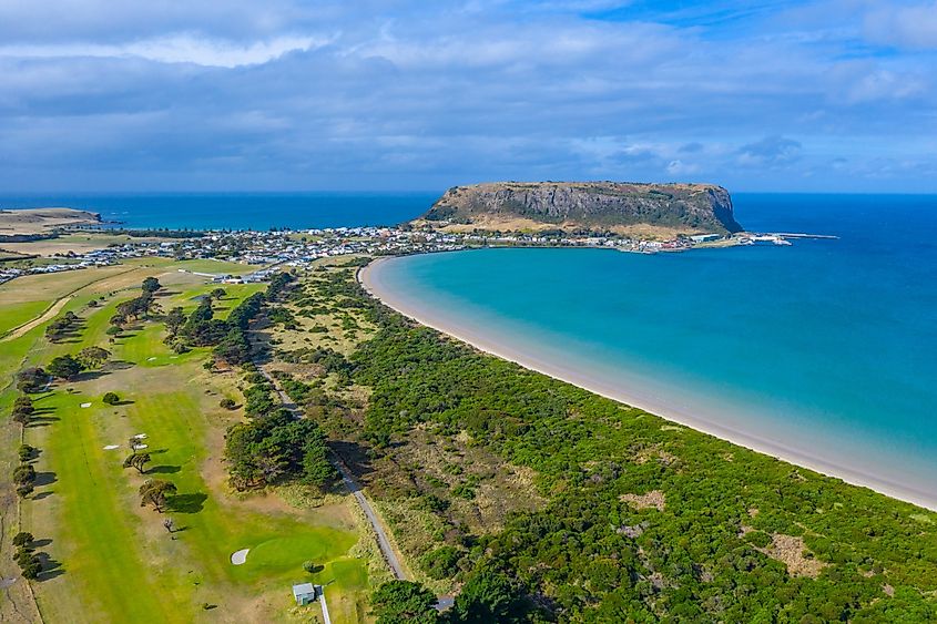 Aerial view of Stanley, Tasmania, Australia, with The Nut volcanic plug.