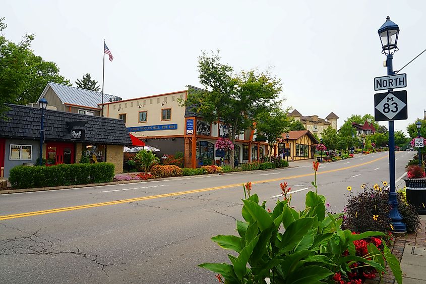 Businesses lined along a street in Frankenmuth, Michigan