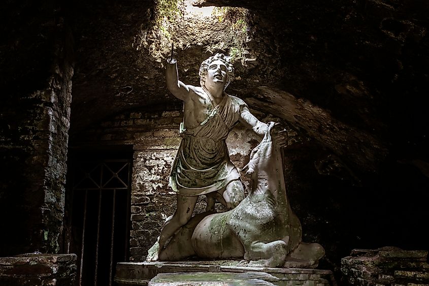 The statue of Mithras killing the bull, a representation of the ancient Roman god Mithras performing the sacred act of tauroctony.