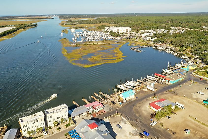 Aerial view of the riverside town of Southport, North Carolina.