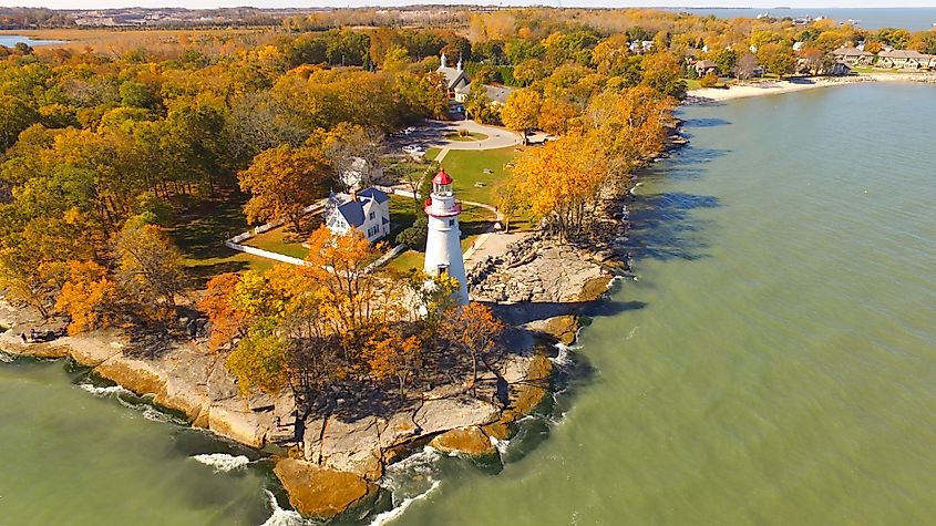 Beautiful aerial view of Marblehead Lighthouse in Marblehead Ohio