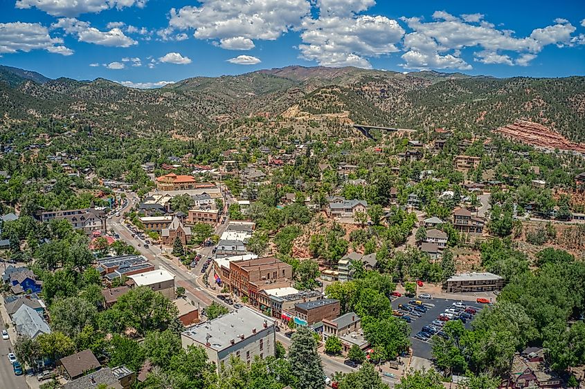 Aerial view of downtown Manitou Springs, Colorado