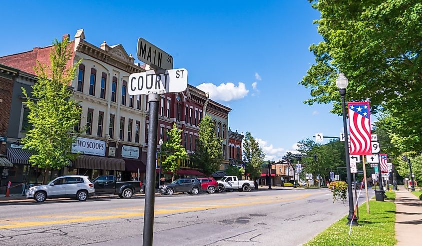 Main Street on a sunny spring day in Ridgway, Pennsylvania.