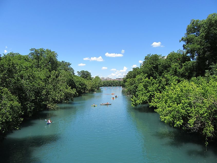 The Colorado River with Austin, Texas, in the background.