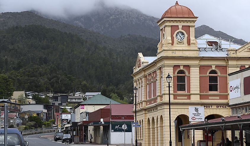 The Queenstown Post Office and hills at Queenstown, Tasmania, Australia.