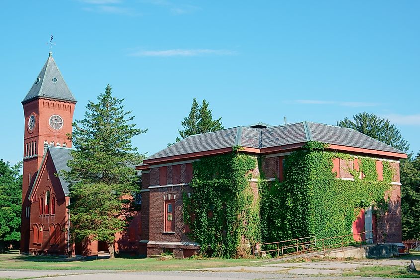 Lee chapel and research building in Abandoned Medfield State Hospital, a former insane asylum.