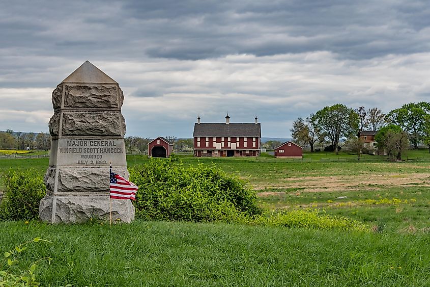 View of the High Water Mark at Gettysburg, Pennsylvania on a spring afternoon, showcasing the serene battlefield landscape with emerging greenery and historical significance