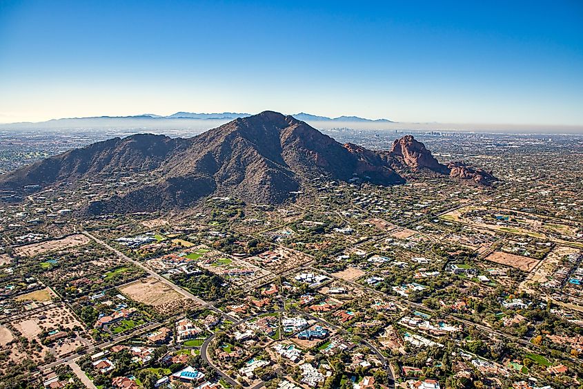 Aerial view above Paradise Valley, Arizona, looking southwest at Camelback Mountain