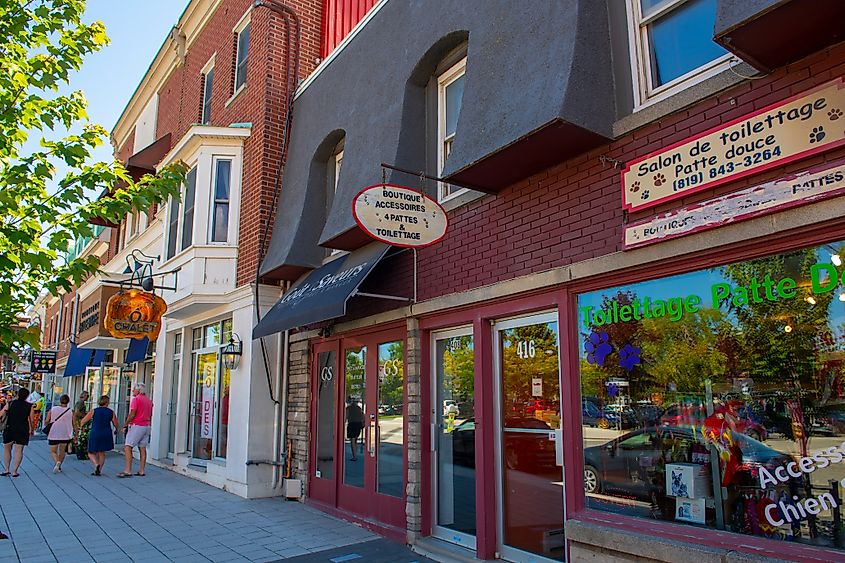 Historic commercial buildings on Rue Principale O Street in downtown Magog, Quebec QC, Canada. Editorial credit: Wangkun Jia / Shutterstock.com