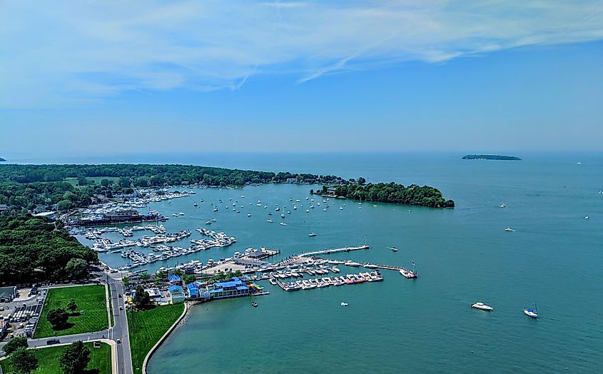 Aerial view of South Bass Island, including the harbor and town from Perry's Victory and International Peace Memorial