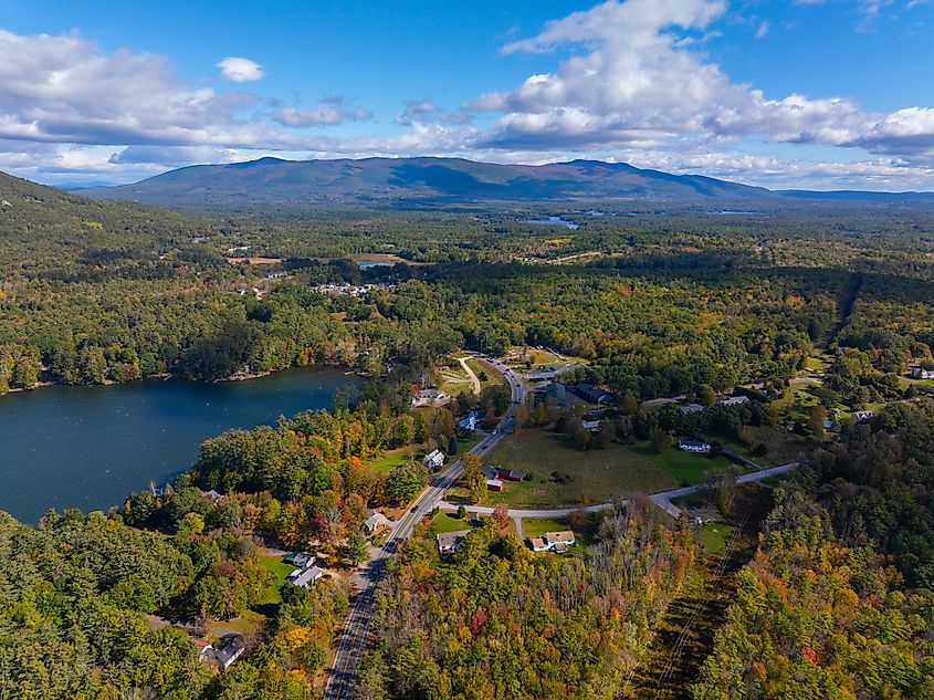 Ossipee Mountains aerial view in fall from top of town of Moultonborough, New Hampshire